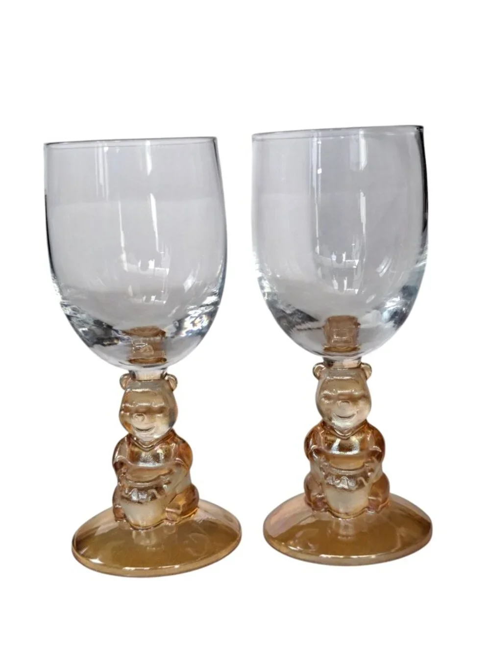 Vintage Lot Of 2 Disney 3D Winnie the Pooh Base Goblet Wine Glass Amber Stemware